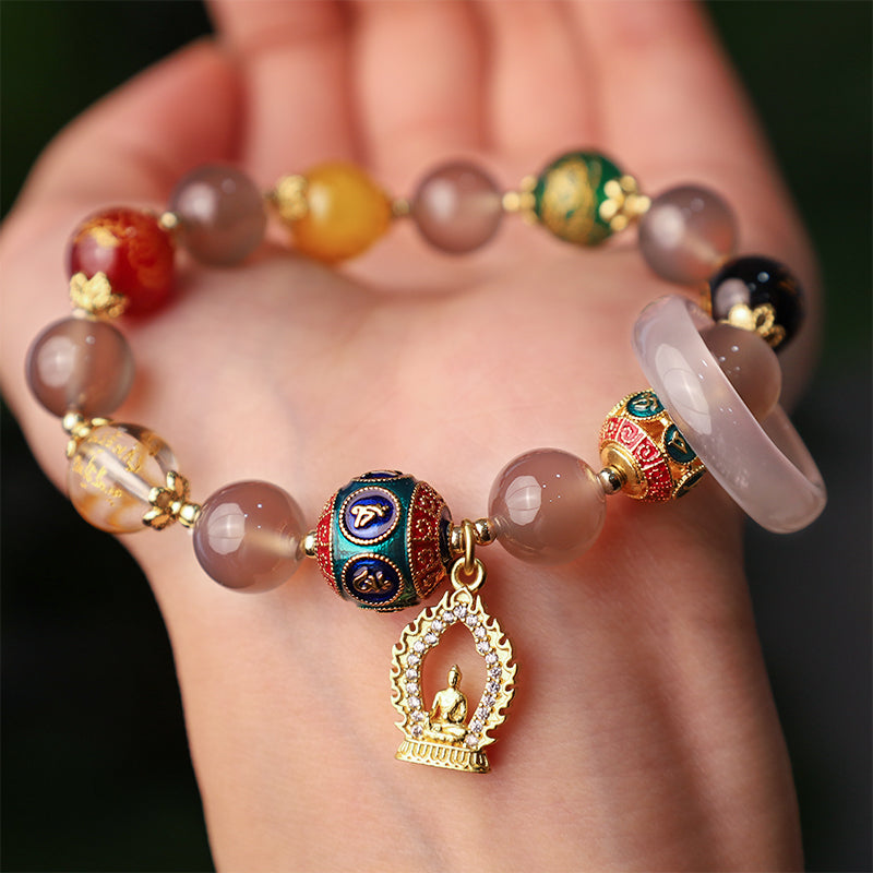Nimara Ritual Natural Gray Agate Five Directions Gods of Wealth Om Mani Padme Hum Buddha Charm Bracelet