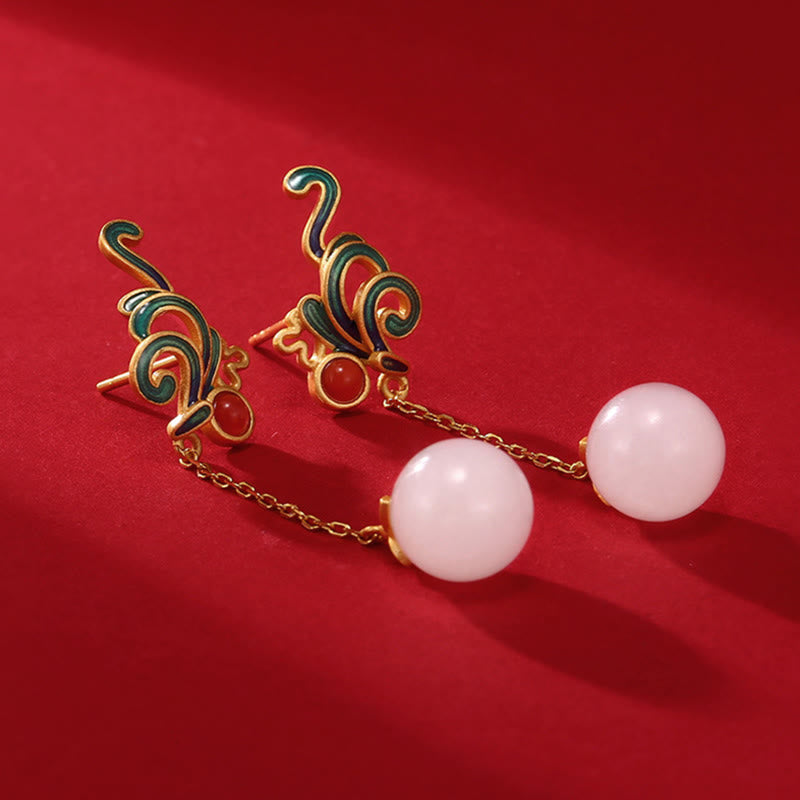 Nimara Ritual Vintage White Jade Red Agate Bead Blessing Drop Dangle Earrings