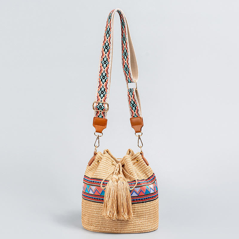 Nimara Ritual Beach Geometry Straw Woven Bucket Tassels Crossbody Bag Shoulder Bag