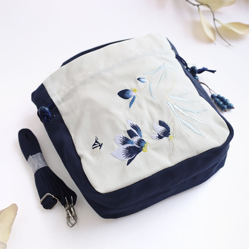 Nimara Ritual Embroidered Butterfly Lotus Magnolia Cotton Linen Tote Crossbody Bag Shoulder Bag Handbag