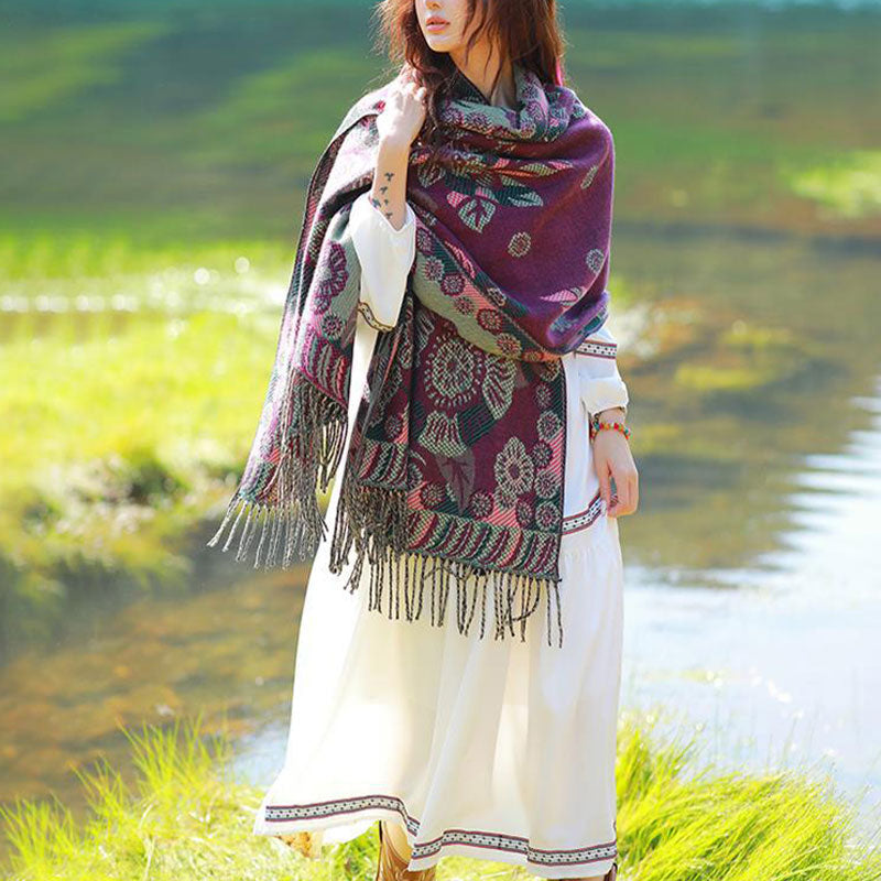 Nimara Ritual Tibetan Flower Floral Leaves Pattern Design Shawl Cozy Travel Scarf Wrap