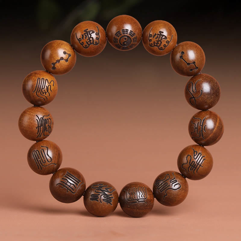 Nimara Ritual Lightning Struck Jujube Wood Yin Yang Bagua Taoist Taboo Scripture Symbol Engraved Luck Bracelet