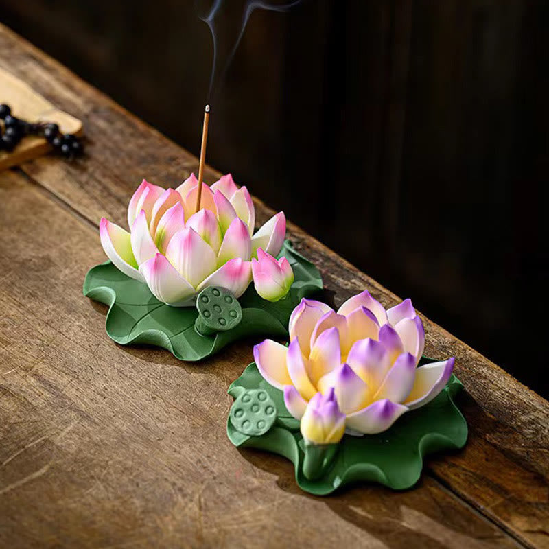 Nimara Ritual Lotus Flower Leaf Pod Spiritual Healing Ceramic Stick Incense Burner Decoration