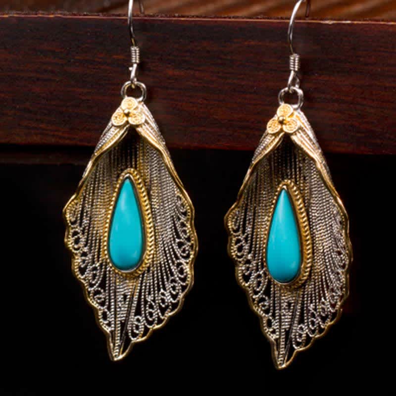 Nimara Ritual 925 Sterling Silver Turquoise Bodhi Leaf Pattern Protection Drop Dangle Earrings