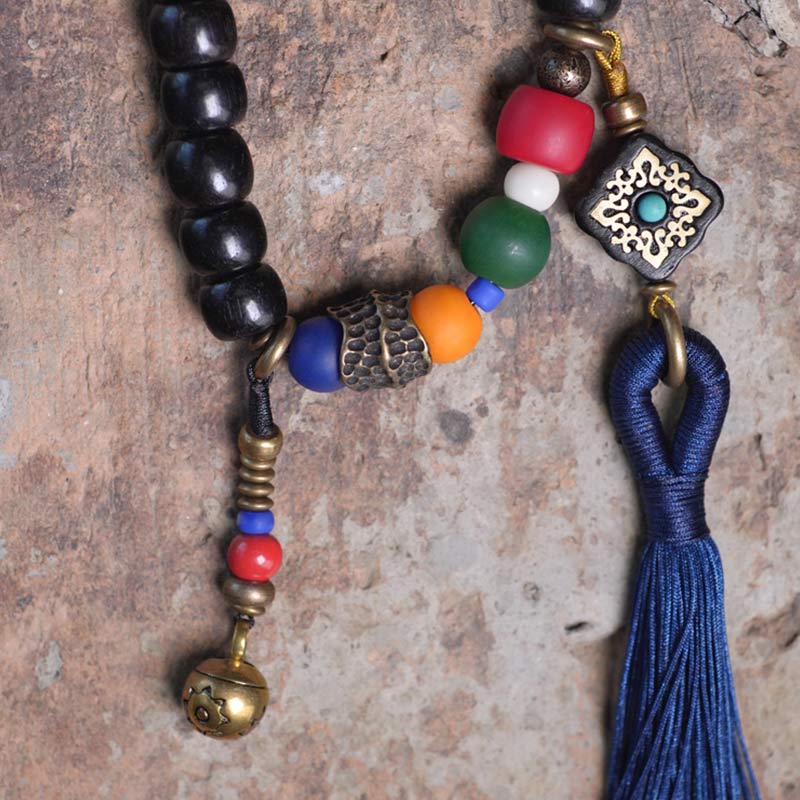 Nimara Ritual 108 Beads Mala Ebony Wood Dzi Bead Copper Balance Tassel Bracelet