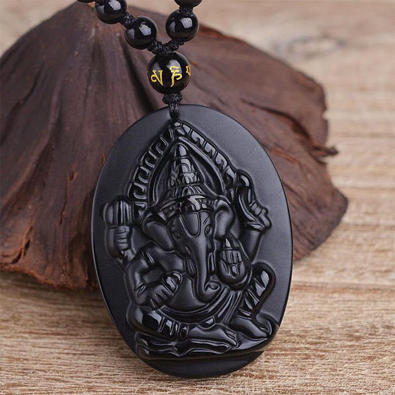 Nimara Ritual Tibetan Obsidian Ganesh Ganpati Elephant Wealth Amulet Necklace