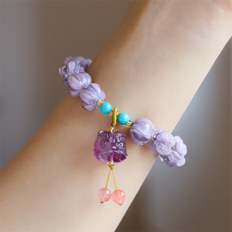 Nimara Ritual Liuli Glass Bead Lotus Design Fluorite Ivory Fruit Dancing Lion Charm Enlightenment Bracelet