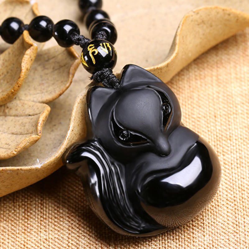 Nimara Ritual Natural Black Obsidian Tiger Eye Ice Obsidian Fox Pendant Amulet Necklace