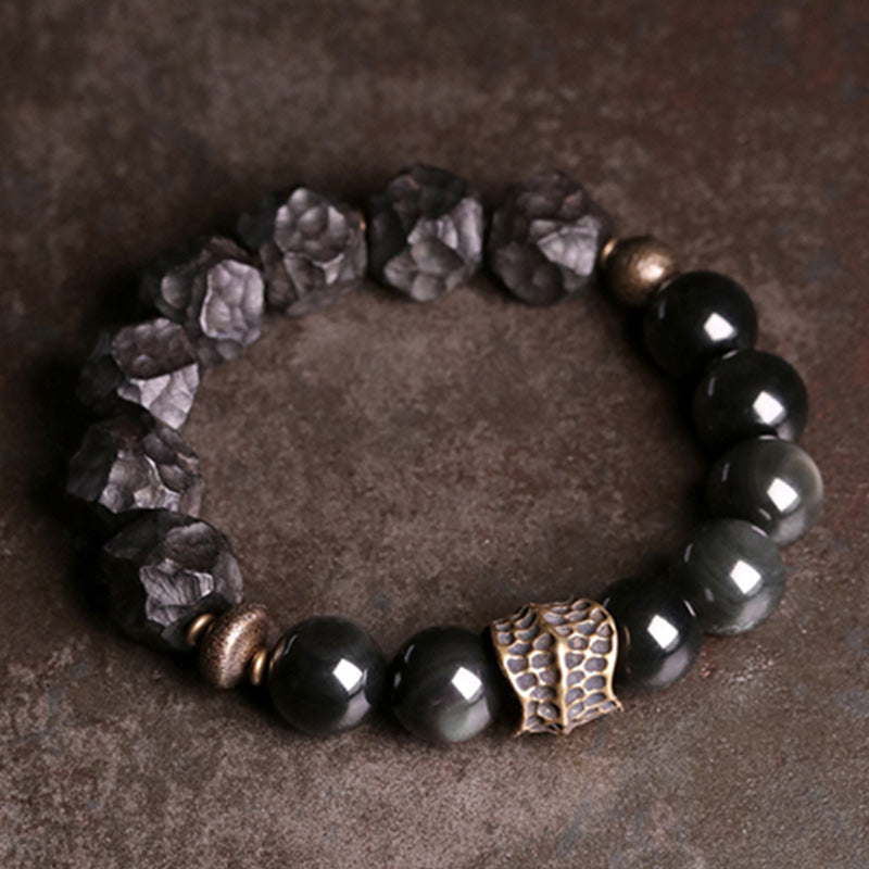 Nimara Ritual Black Obsidian Ebony Wood Copper Strength Couple Bracelet