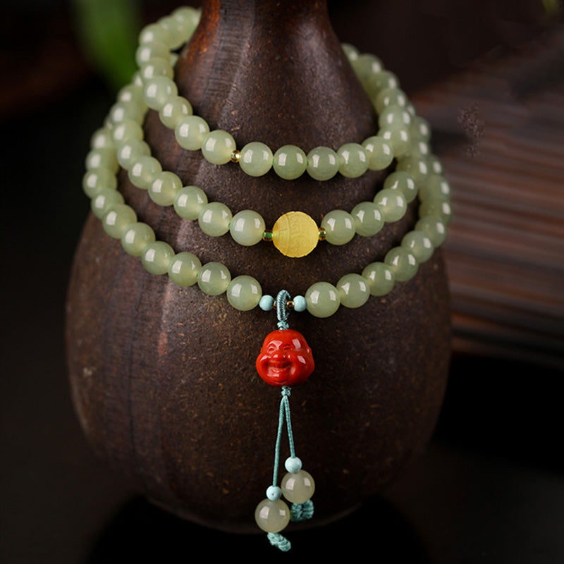 Nimara Ritual Jade Red Agate Amber Laughing Buddha Prosperity Bracelet