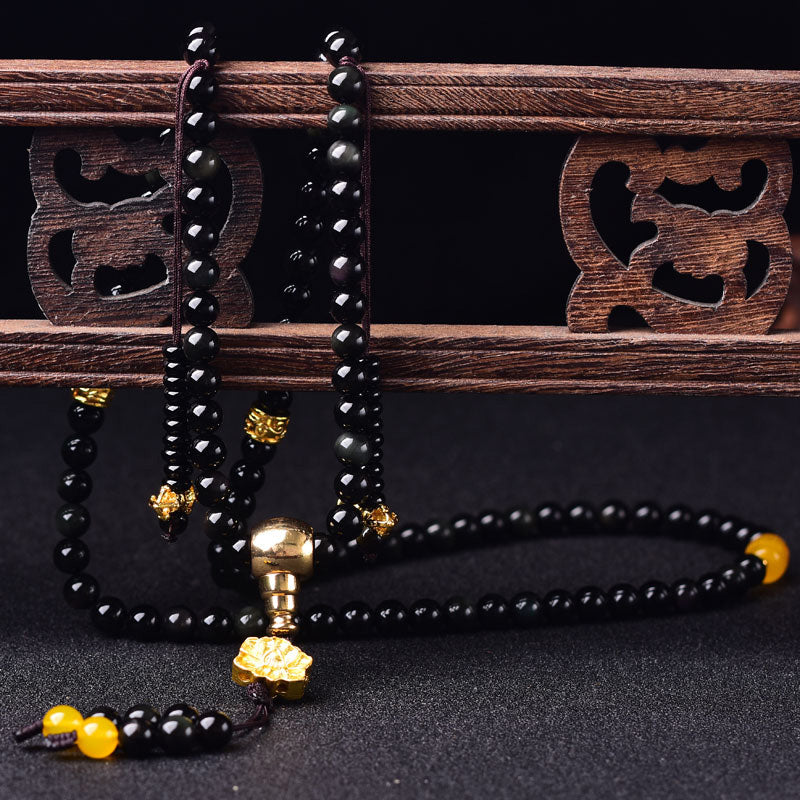 Nimara Ritual 108 Beads Natural Black Obsidian Lotus Fulfilment Mala Bracelet