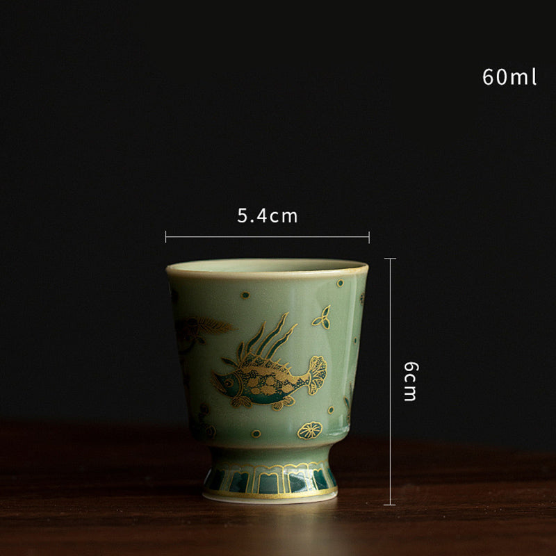 Nimara Ritual Green Porcelain Butterfly Flower Salmon Fish Ceramic Gaiwan Sancai Teacup Kung Fu Tea Cup And Saucer With Lid
