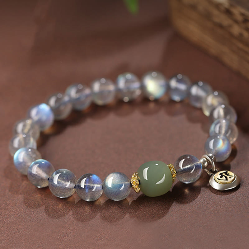 Nimara Ritual Chinese Zodiac Natal Buddha 925 Sterling Silver Natural Moonstone Hetian Jade Positive Bracelet