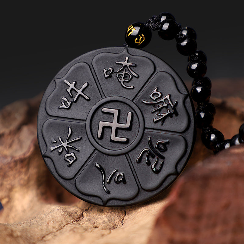 Nimara Ritual Natural Black Obsidian Tibetan Om Mani Padme Hum Buddha Swastika Luck Necklace Pendant