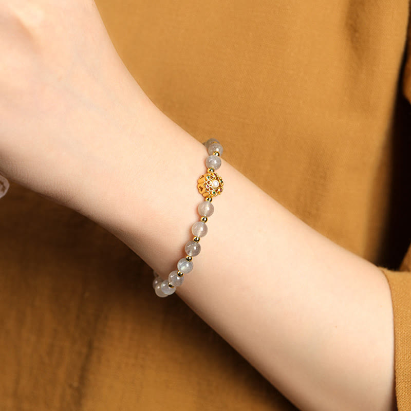 Nimara Ritual 14K Gold Plated Natural Strawberry Quartz Labradorite Sun Stone Fu Character Positive Charm Bracelet