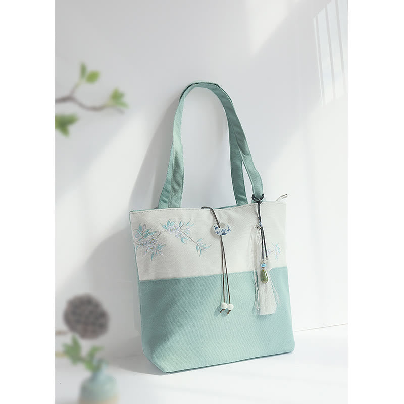 Nimara Ritual Pear Flower Plum Peach Blossom Bamboo Embroidery Canvas Large Capacity Shoulder Bag Tote Bag
