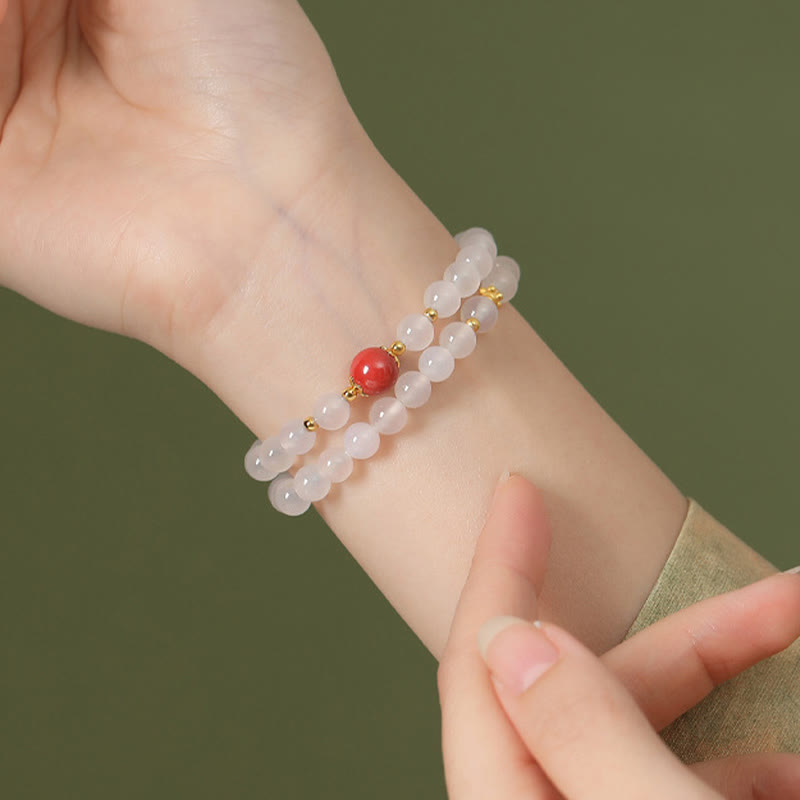 Nimara Ritual 925 Sterling Silver Natural White Agate Cinnabar Double Wrap Protection Bracelet