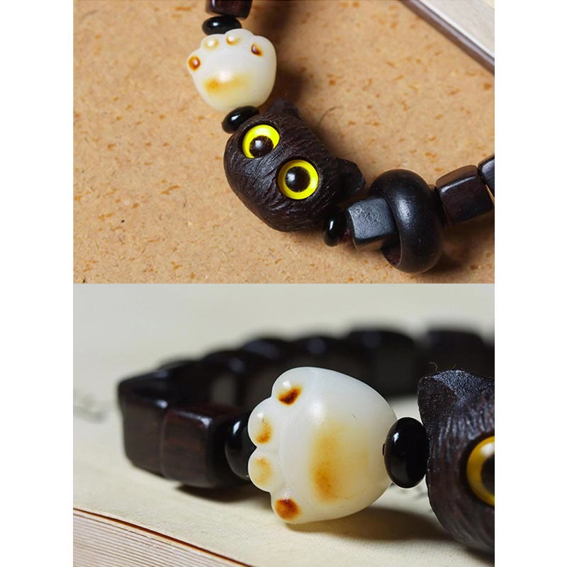 Nimara Ritual Ebony Wood Cute Cat Bodhi Seed Paw Claw Square Beads Calm Bracelet