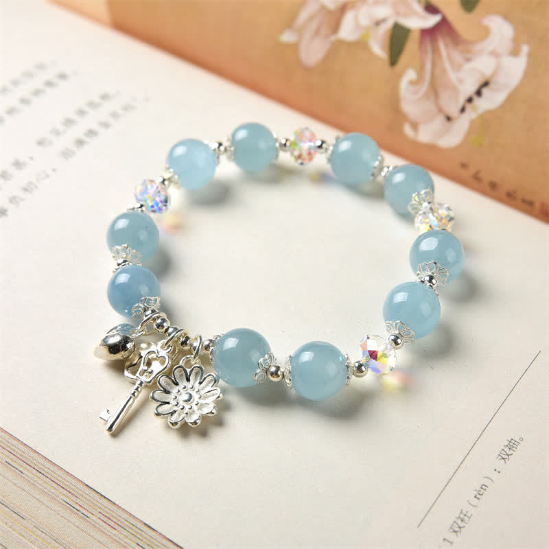Nimara Ritual 925 Sterling Silver Natural Aquamarine Serenity Flower Love Key Charm Bracelet