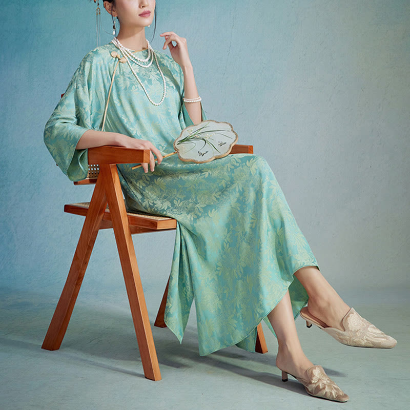 Nimara Ritual Small Flower Leaf Jacquard Chinese Cheongsam Qipao Midi Dress With Pockets