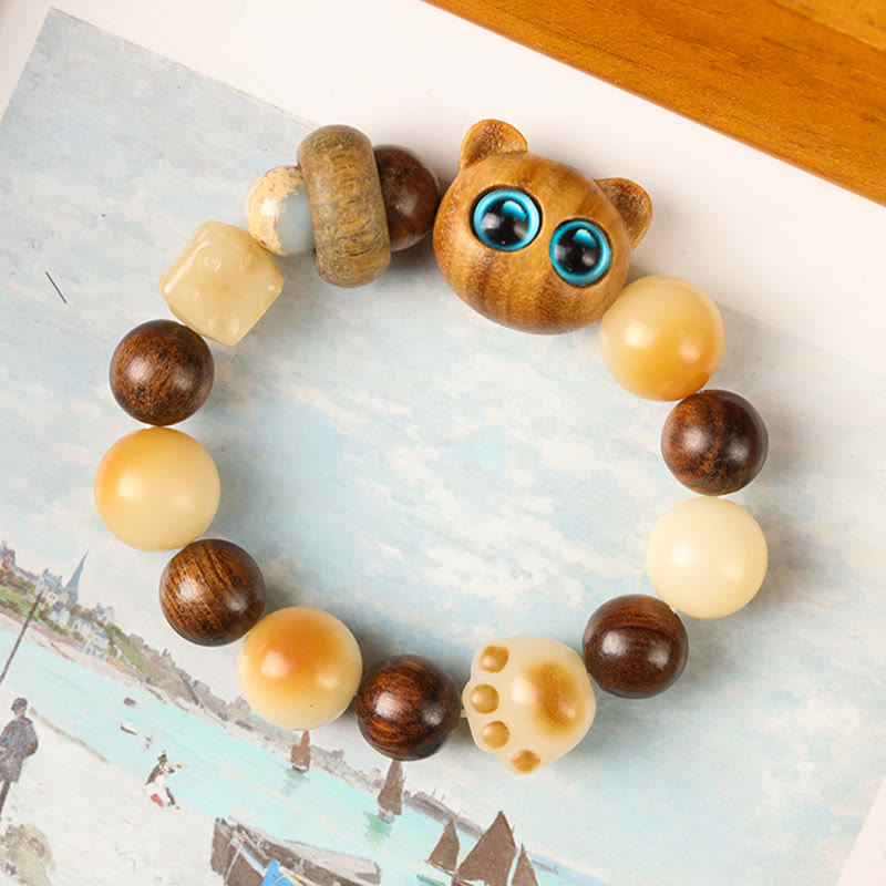 Nimara Ritual Natural Bodhi Seed Sandalwood Lucky Cute Cat Head Paw Claw Peace Bracelet