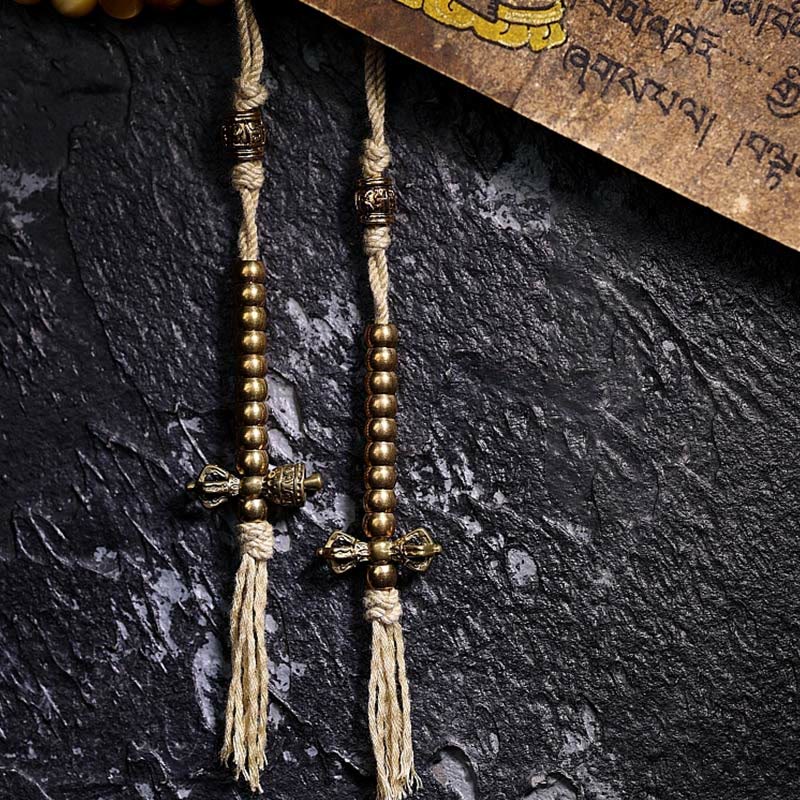 Nimara Ritual 108 Mala Beads Natural Tiger Eye Copper Dorje Protection Tassel Bracelet
