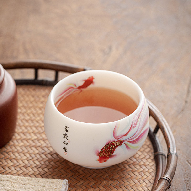 Nimara Ritual Koi Fish White Porcelain Ceramic Teacup Kung Fu Tea Cup
