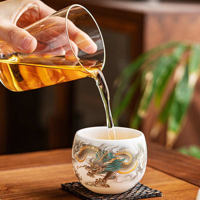 Nimara Ritual Dragon Phoenix Auspicious Clouds Ceramic Teacup Kung Fu Tea Cup With Gift Box