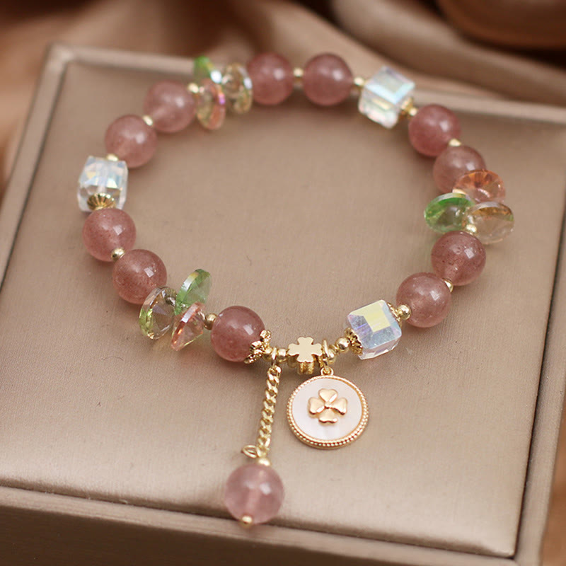 Nimara Ritual Strawberry Quartz Lucky Four Leaf Clover Healing Charm Bracelet
