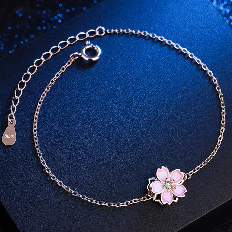 Nimara Ritual 925 Sterling Silver Cherry Blossom Blessing Chain Bracelet Rotatable Ring
