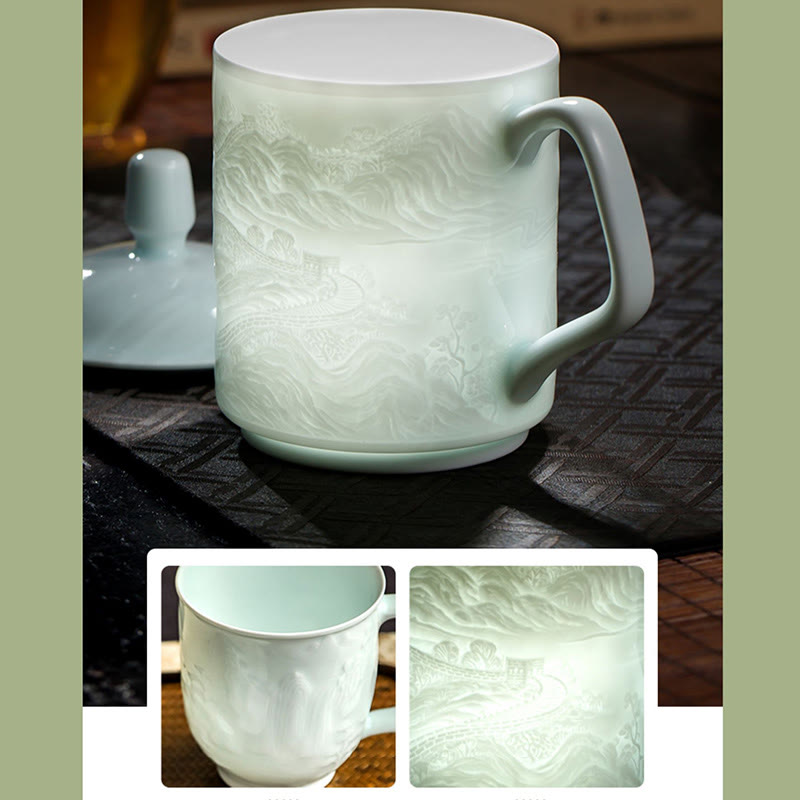Nimara Ritual Jingdezhen White Porcelain Handmade Great Wall Landscape Engraved Ceramic Teacup Office Mug Tea Cups