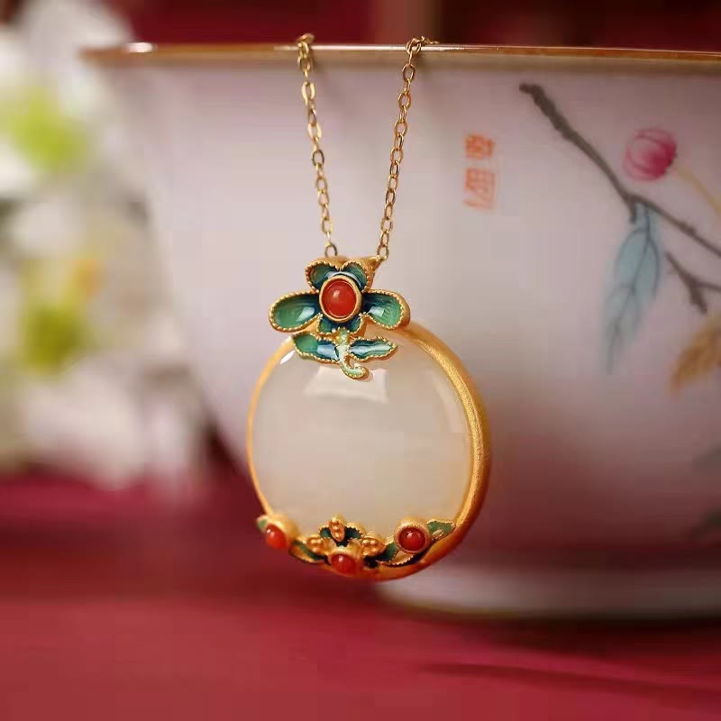 Nimara Ritual White Jade Red Agate Flower Blessing Luck Necklace Pendant
