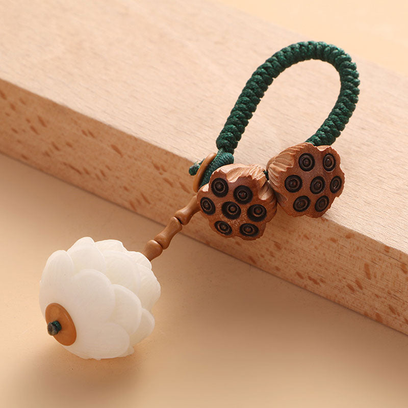Nimara Ritual Lotus Natural White Bodhi Seed Peach Wood Luck Keychain Decoration