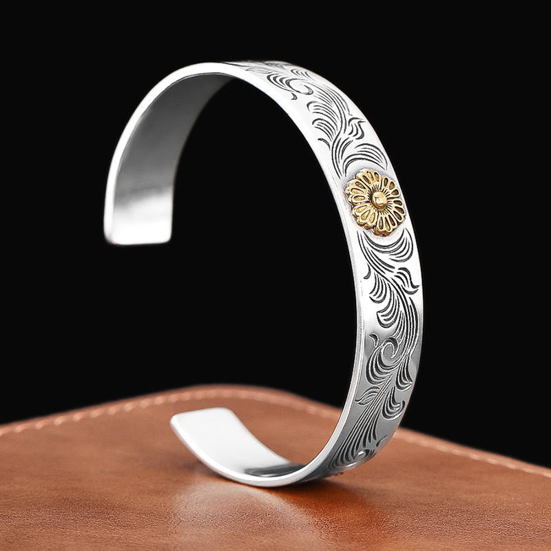 Nimara Ritual Tang Dynasty Flower Design Rose Flower Feather Carved Copper Luck Bracelet Bangle