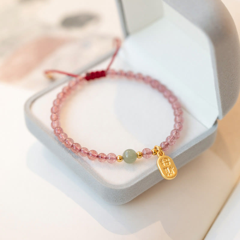 Nimara Ritual Natural Strawberry Quartz Garnet Jade Lucky Fortune Fu Character Healing Charm Bracelet