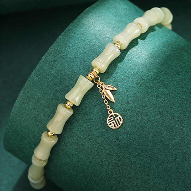 Nimara Ritual 925 Sterling Silver Hetian Jade Bamboo Fu Character Prosperity Necklace Pendant Bracelet