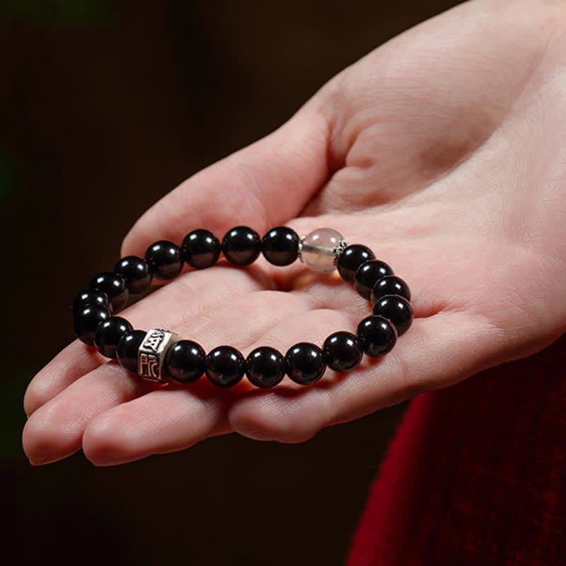 Nimara Ritual Chinese Zodiac Natal Buddha 925 Sterling Silver Black Obsidian Moonstone Strength Bracelet