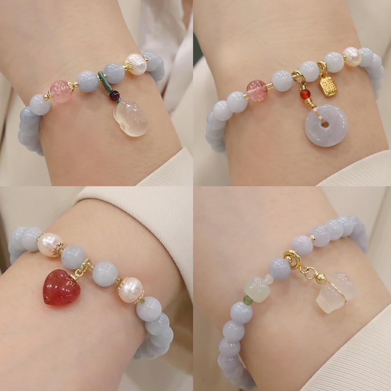 Nimara Ritual Natural Aquamarine Chalcedony Serenity Rabbit Gourd Cat Charm Bracelet