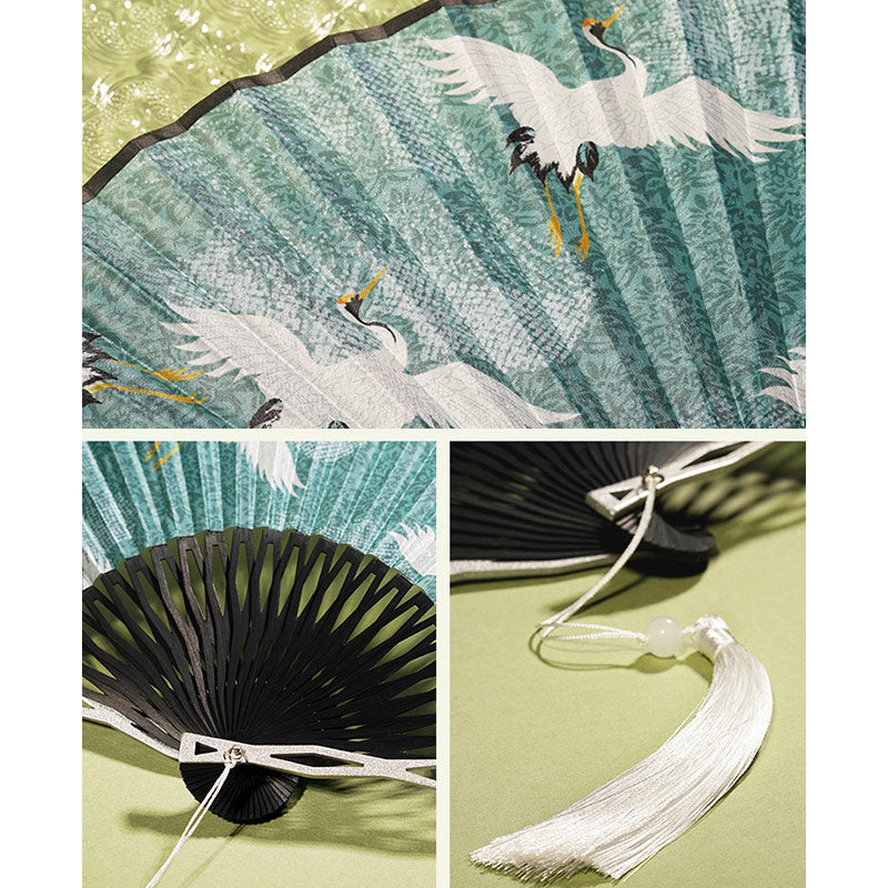 Nimara Ritual Vintage Blue White Crane Pattern Handheld Silk Bamboo Folding Fan
