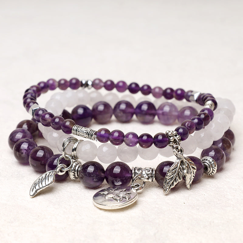 Nimara Ritual 3PCS Natural Quartz Crystal Beaded Healing Energy Lotus Bracelet