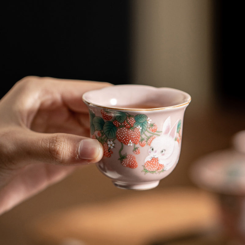 Nimara Ritual Cute Strawberry Rabbit Flower Ceramic Teacup Kung Fu Tea Cup 55ml