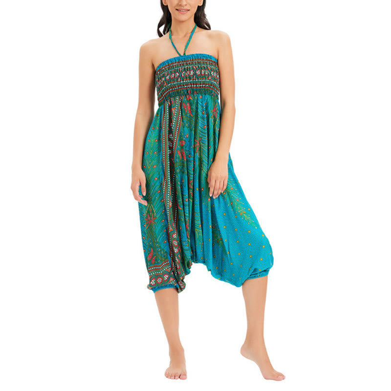 Nimara Ritual Two Style Wear Peacock Feather Loose Smocked Harem Trousers Jumpsuit High Waist Pants
