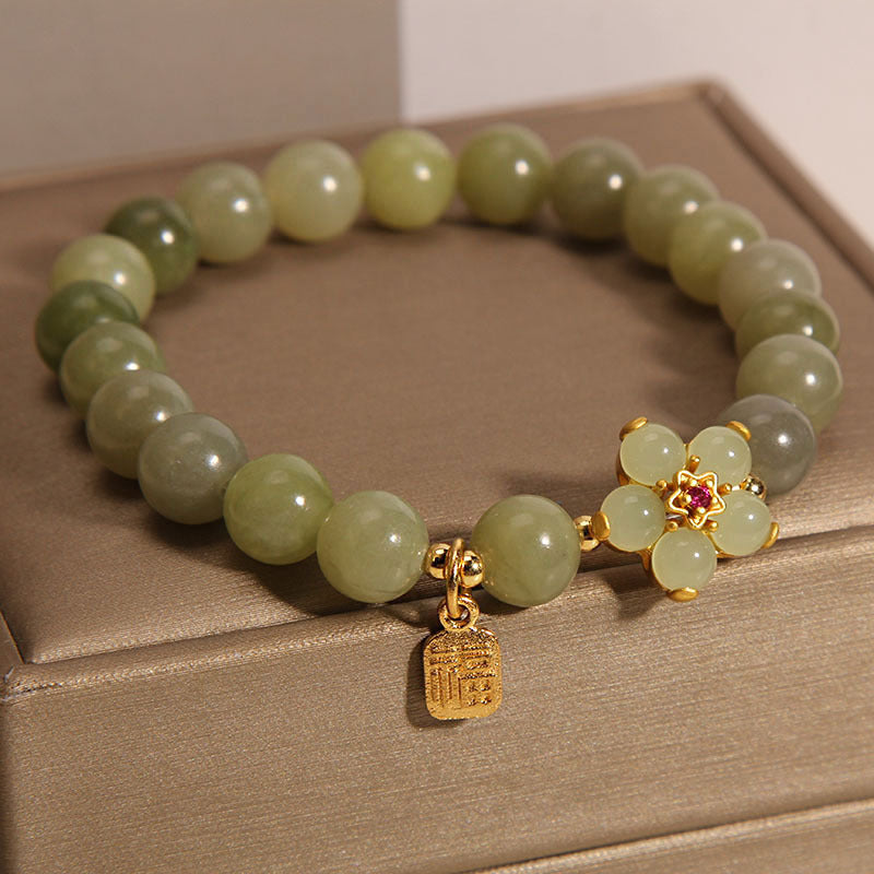 Nimara Ritual Green Jade Flower Fu Character Charm Luck Bracelet