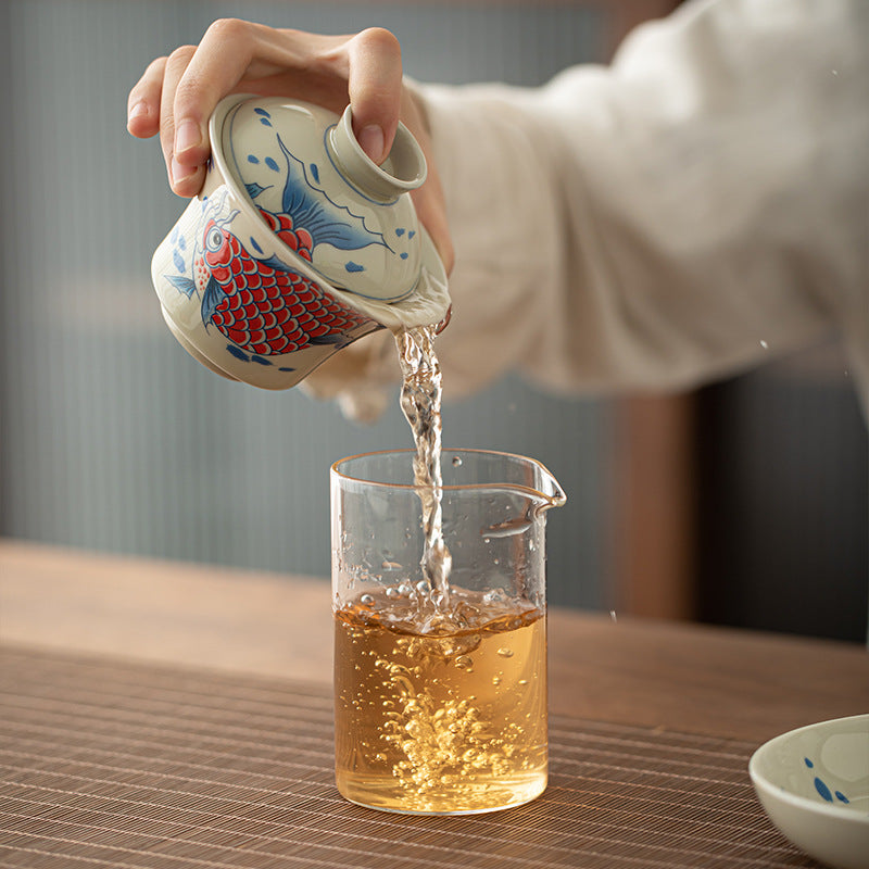 Nimara Ritual Koi Fish Arowana Ceramic Gaiwan Sancai Teacup Kung Fu Tea Cup With Lid 130ml