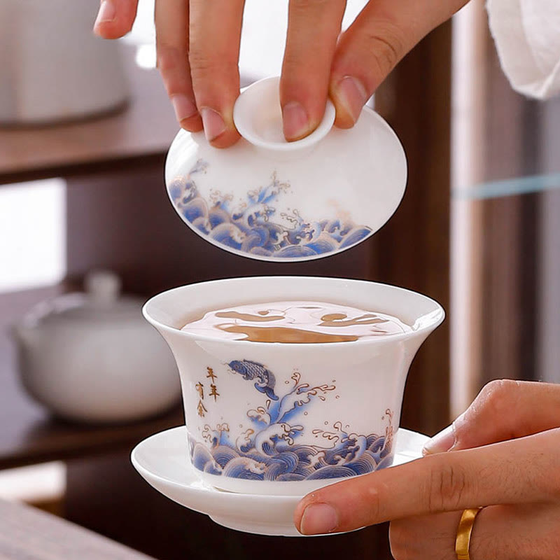 Nimara Ritual White Porcelain Mountain Landscape Countryside Ceramic Gaiwan Teacup Kung Fu Tea Cup And Saucer With Lid