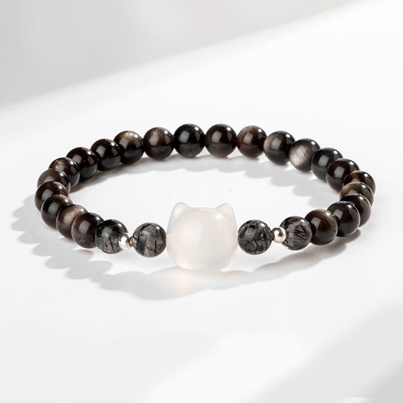 Nimara Ritual Natural Silver Sheen Obsidian Cute Cat Head Protection Bracelet
