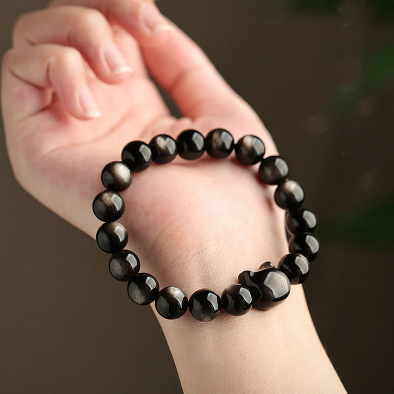 Nimara Ritual Gold Sheen Obsidian Silver Sheen Obsidian Lovely Paw Lucky Cat Protection Bracelet