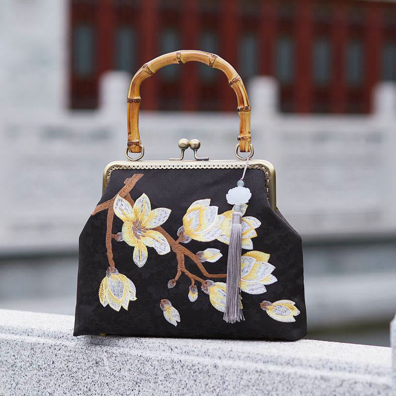 Nimara Ritual Plum Blossom Embroidery Bamboo Handle Handbag Crossbody Bag