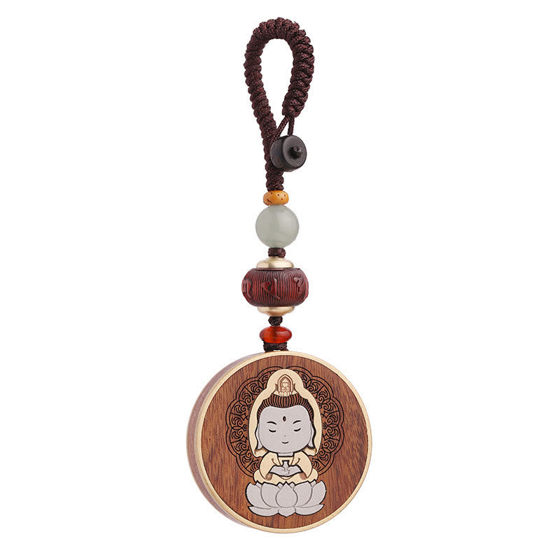Nimara Ritual Ebony Wood Rosewood Buddha Avalokitesvara Om Mani Padme Hum Balance Car Key Chain Decoration
