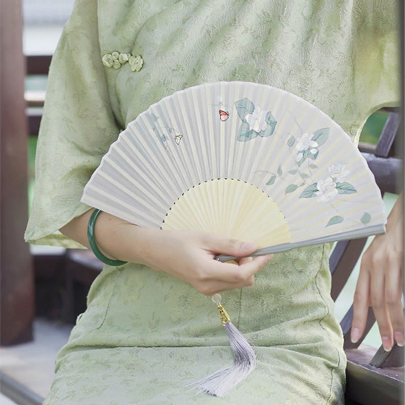 Nimara Ritual Jasmine Flowers Handheld Bamboo Folding Fan